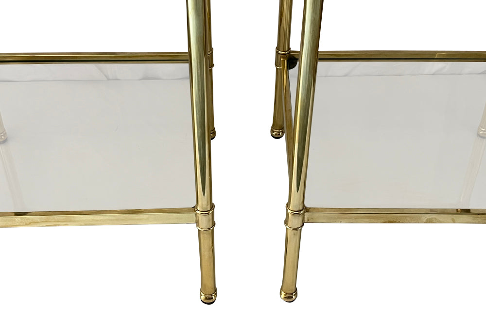 Pair of Mid-Century Italian square brass end tables with glass shelves.