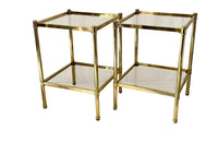 Pair of Mid-Century Italian square brass end tables with glass shelves.