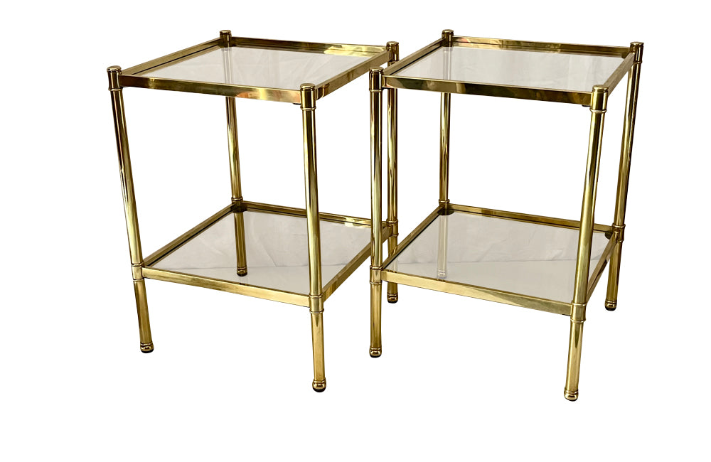 Pair of Mid-Century Italian square brass end tables with glass shelves.