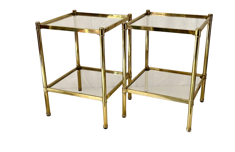 Pair of Mid-Century Italian square brass end tables with glass shelves.