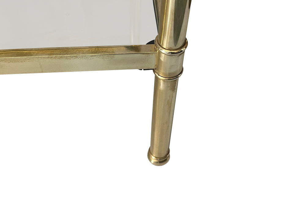 Pair of Mid-Century Italian square brass end tables with glass shelves.