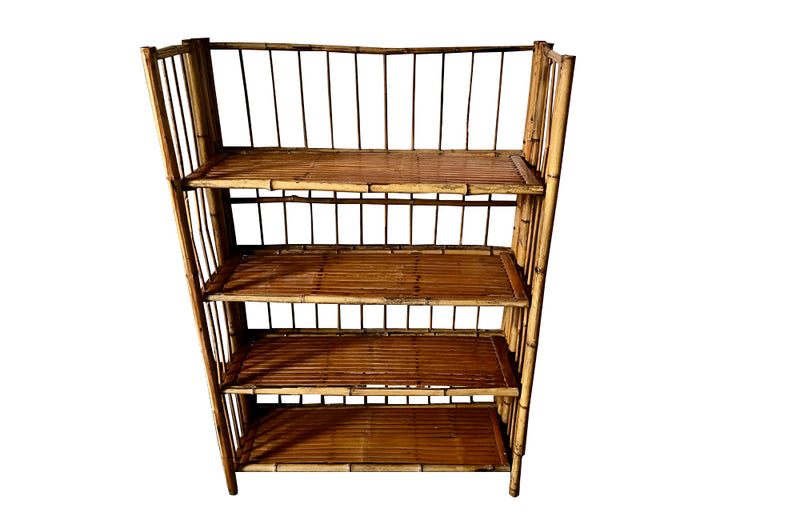 Pair of mid 20th century folding bamboo four tier bookcases shelves