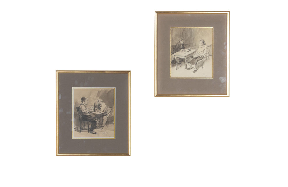 Charming pair of 20th Century French ink and watercolour drawings of French Country bistro scenes.