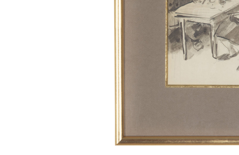 Charming pair of 20th Century French ink and watercolour drawings of French Country bistro scenes.