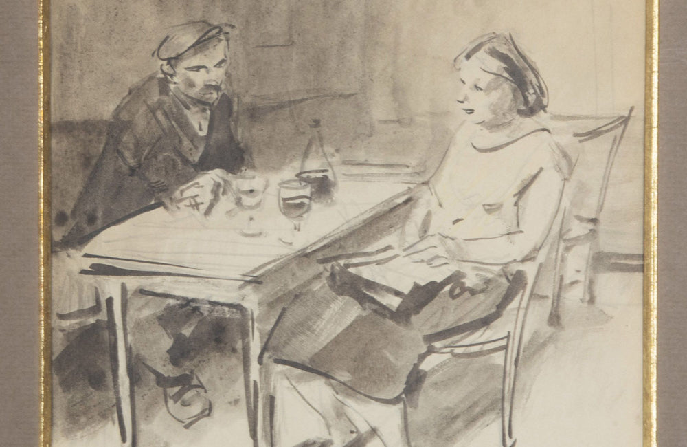 Charming pair of 20th Century French ink and watercolour drawings of French Country bistro scenes.