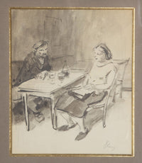 Charming pair of 20th Century French ink and watercolour drawings of French Country bistro scenes.