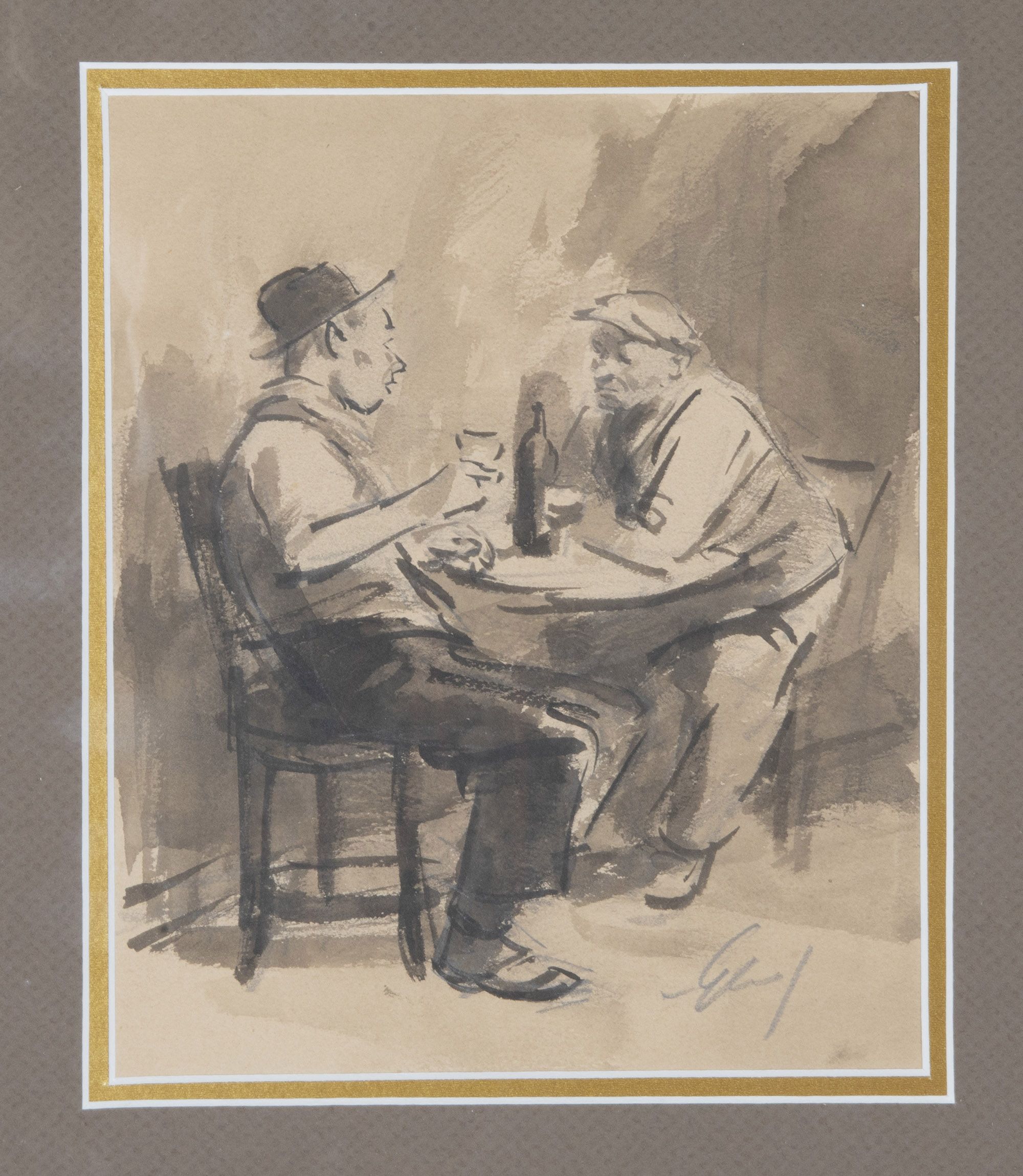 Charming pair of 20th Century French ink and watercolour drawings of French Country bistro scenes.