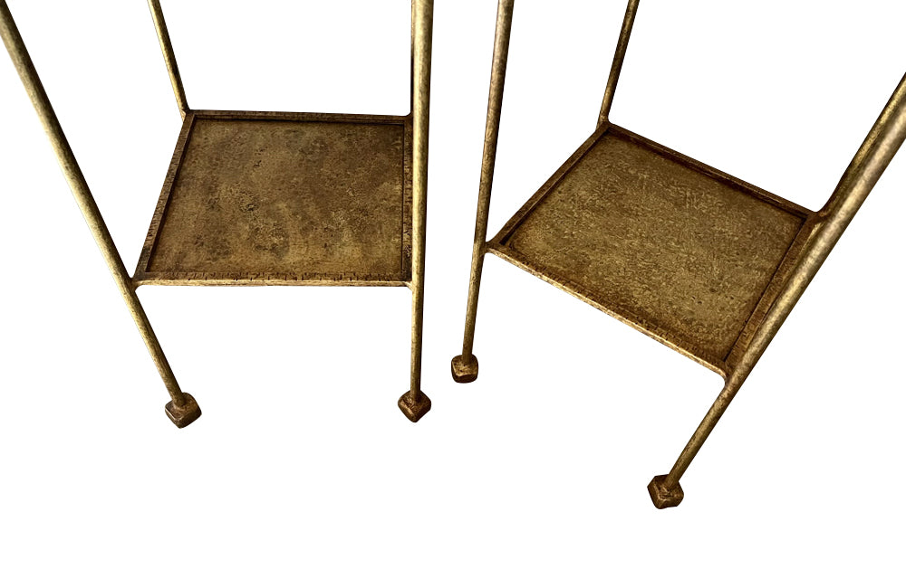 Elegant mid century pair of Spanish side tables crafted in gilt iron.