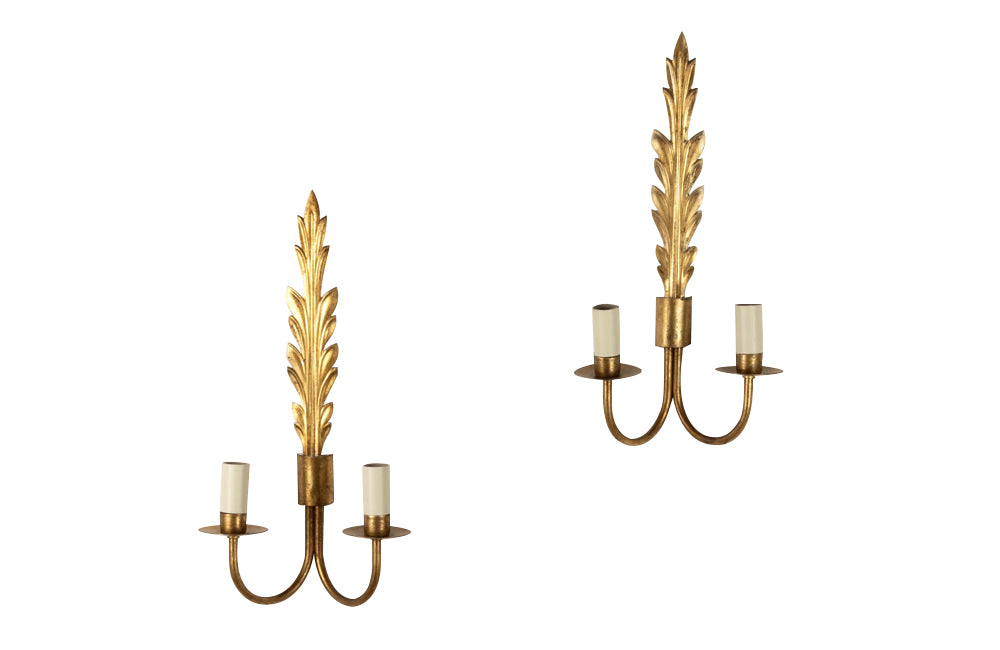 Pair of Mid-Century French Gilt Metal Acanthus Leaf Wall Lights