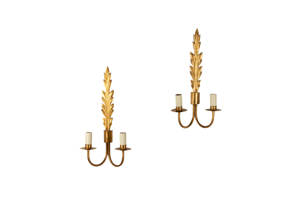 Pair of Mid-Century French Gilt Metal Acanthus Leaf Wall Lights