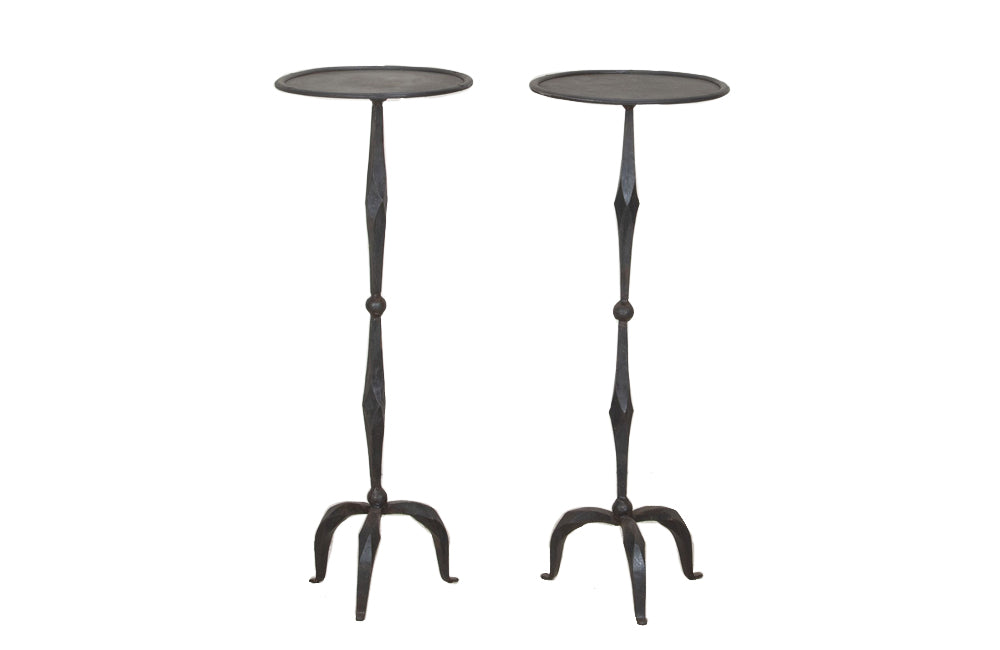 Pair of 20th Century Spanish hand wrought iron round top occasional or pedestal tables.