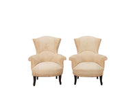 Pair of unusual Napoleon III armchairs with fish tail shaped backs and terminating on ebonised feet.