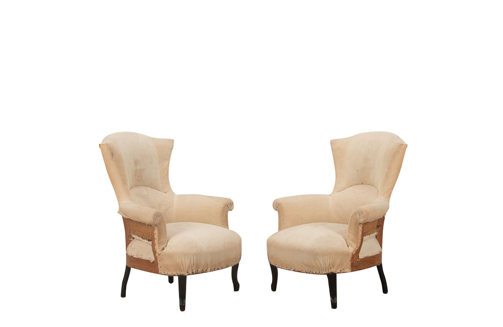 Pair of unusual Napoleon III armchairs with fish tail shaped backs and terminating on ebonised feet.