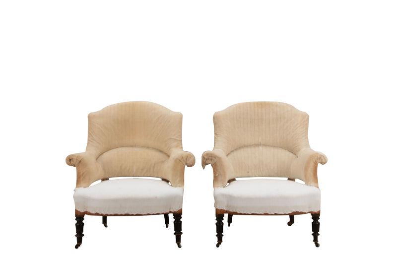 Antique French Armchairs - Napoleon III armchairs with fish tail shaped back  - French Antique Furniture