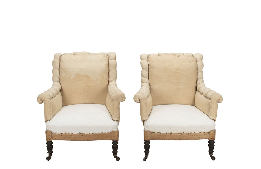 Antique armchairs French Napoleon III piecrust scroll back - French antique furniture