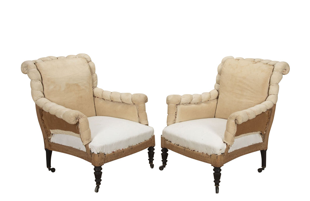 Antique armchairs French Napoleon III piecrust scroll back - French antique furniture