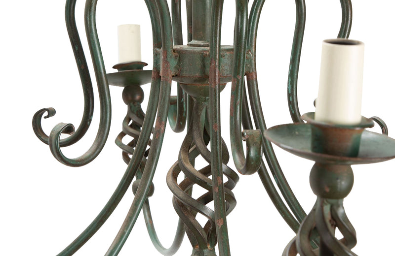 Pair of French green Art Deco style wrought iron chandeliers - Mid Century Lighting