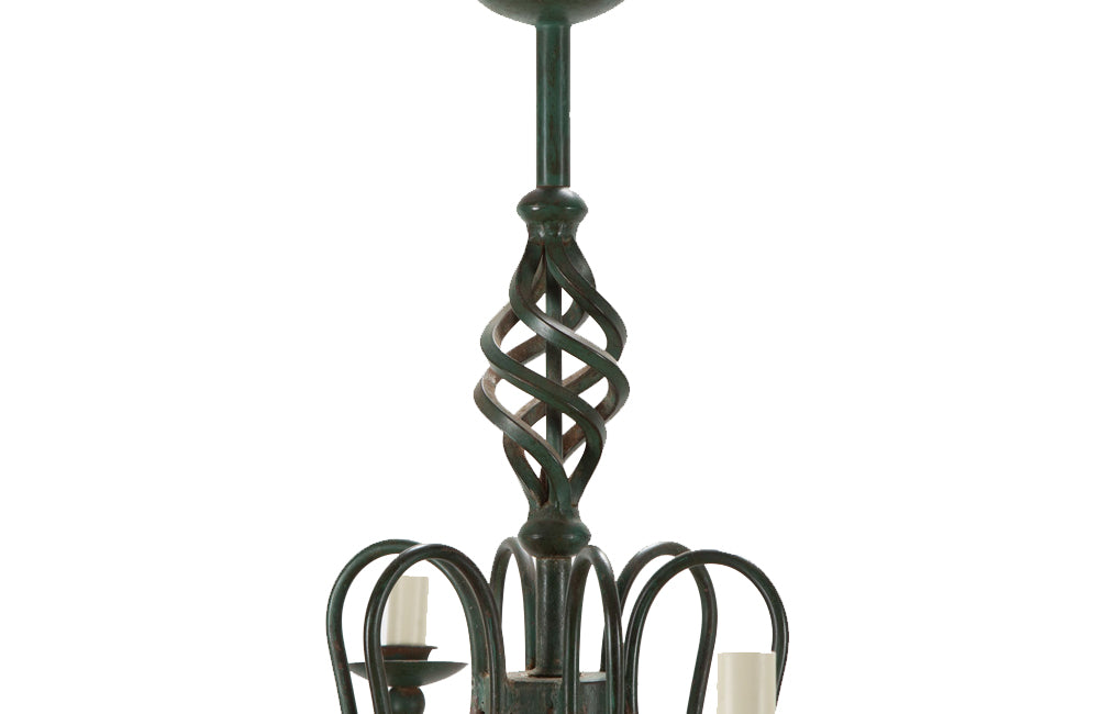 Pair of French green Art Deco style wrought iron chandeliers - Mid Century Lighting