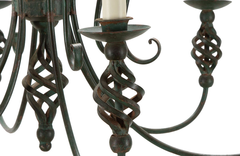 Pair of French green Art Deco style wrought iron chandeliers - Mid Century Lighting