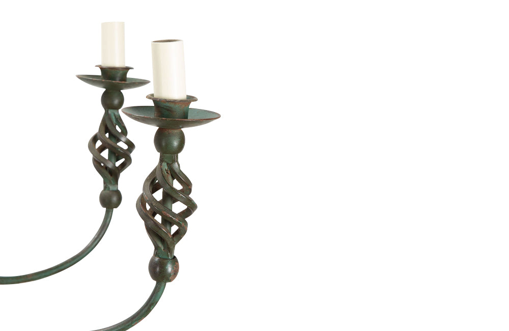 Pair of French green Art Deco style wrought iron chandeliers - Mid Century Lighting