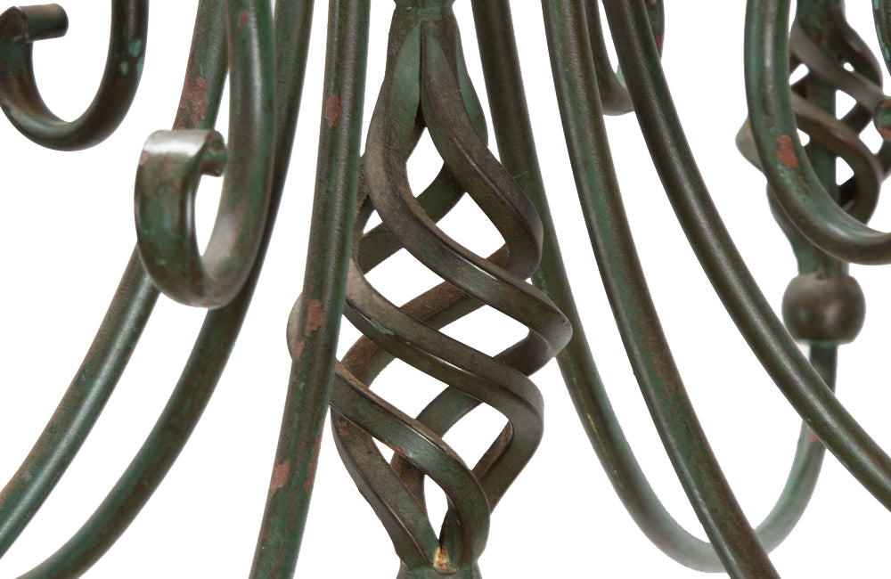 Pair of French green Art Deco style wrought iron chandeliers - Mid Century Lighting