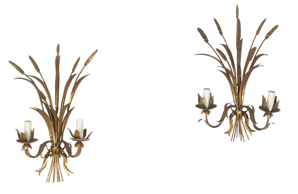 Exceptional pair of large Mid-20th Century French gilt tole wheat wall lights.
