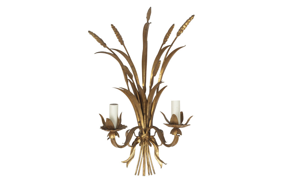 Exceptional pair of large Mid-20th Century French gilt tole wheat wall lights.