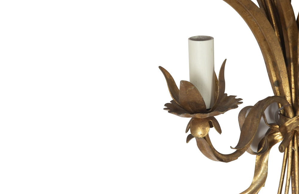 Exceptional pair of large Mid-20th Century French gilt tole wheat wall lights.