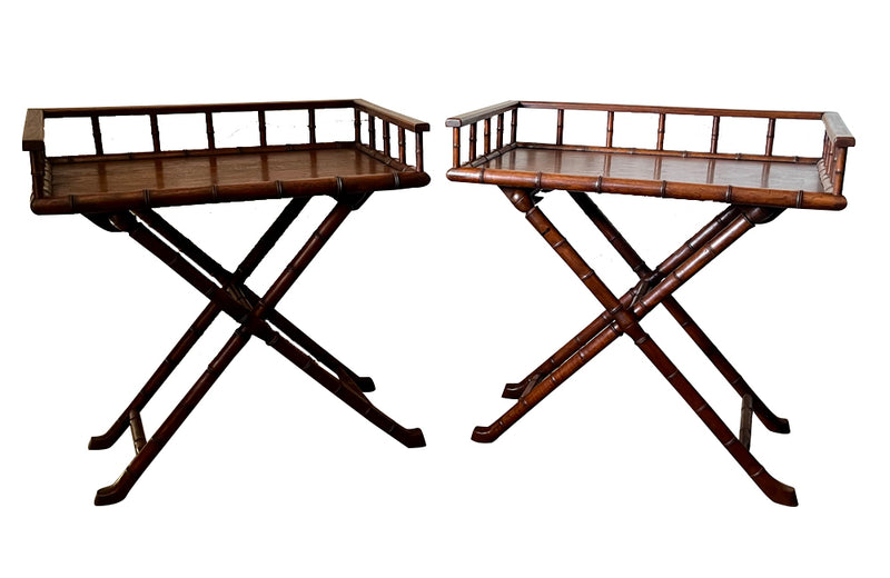 Pair of campaign style folding faux bamboo side tables with raised galleries circa 1970 France.