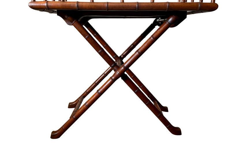 Pair of campaign style folding faux bamboo side tables with raised galleries circa 1970 France.