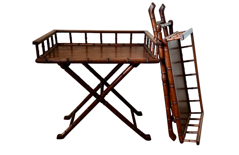 Pair of campaign style folding faux bamboo side tables with raised galleries circa 1970 France.