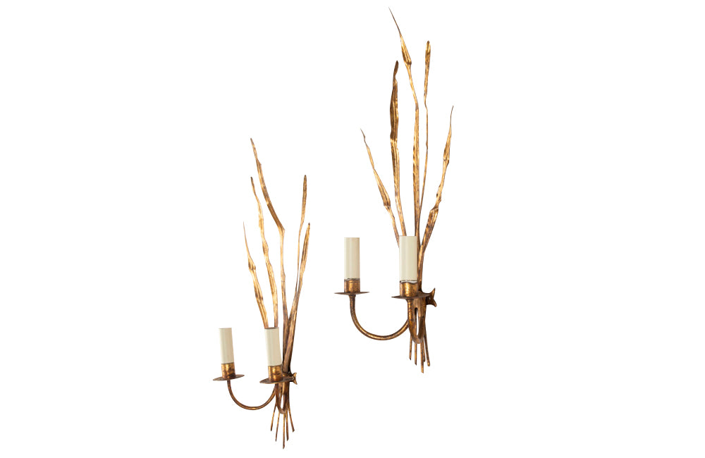 Pair of mid-20th Century Spanish gilt metal wall appliques or wall lights in the form of reeds