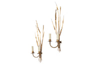 Pair of mid-20th Century Spanish gilt metal wall appliques or wall lights in the form of reeds