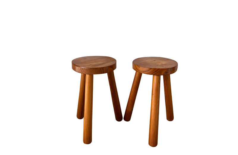 Pair of vintage round milking stools with three legs circa 1960