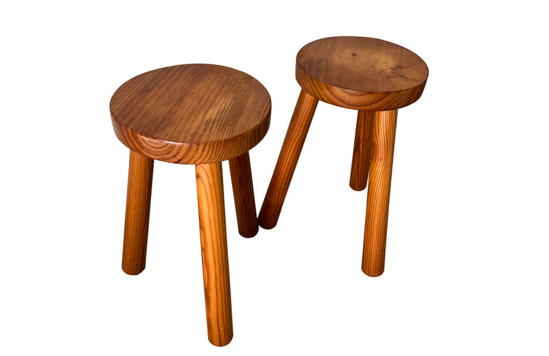 Pair of vintage round milking stools with three legs circa 1960