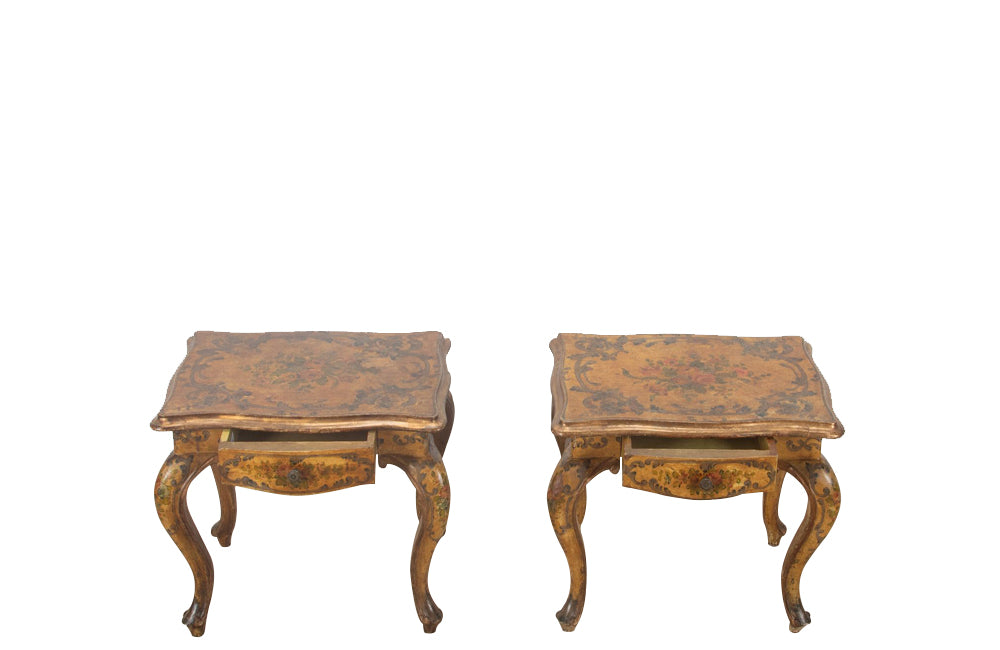 Pair of charming early 20th century painted, Italian, end tables with painted floral decoration in the Venetian style.