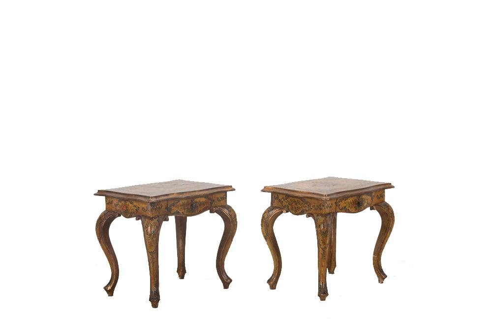 Pair of charming early 20th century painted, Italian, end tables with painted floral decoration in the Venetian style.