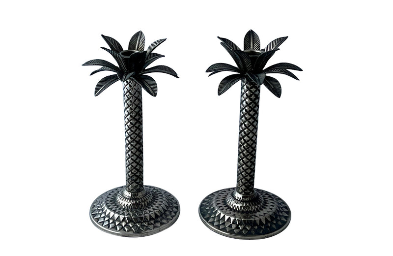 Pair of Mid 20th Century French silver plate palm tree candlesticks