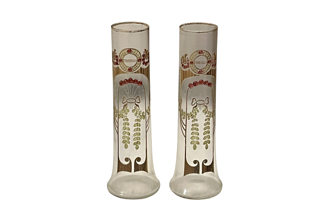Pair of Late 19th Century North Bohemian Art Nouveau Enamelled Glass Vases