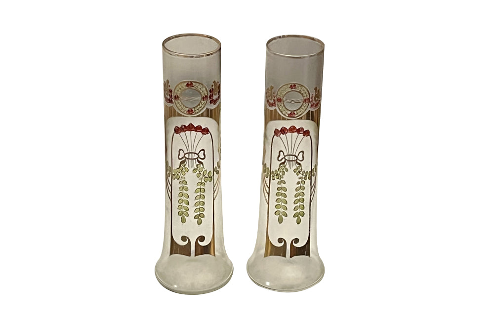 Pair of Late 19th Century North Bohemian Art Nouveau Enamelled Glass Vases