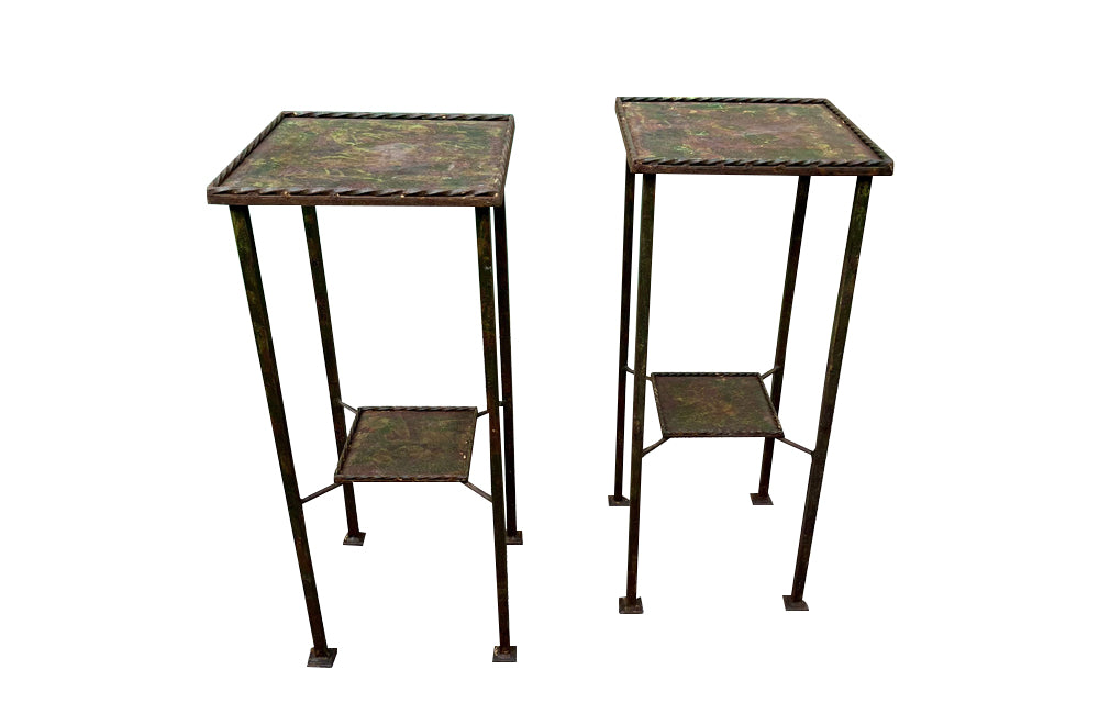 Pair of tall mid-20th Century Spanish two-tiered iron pedestal tables