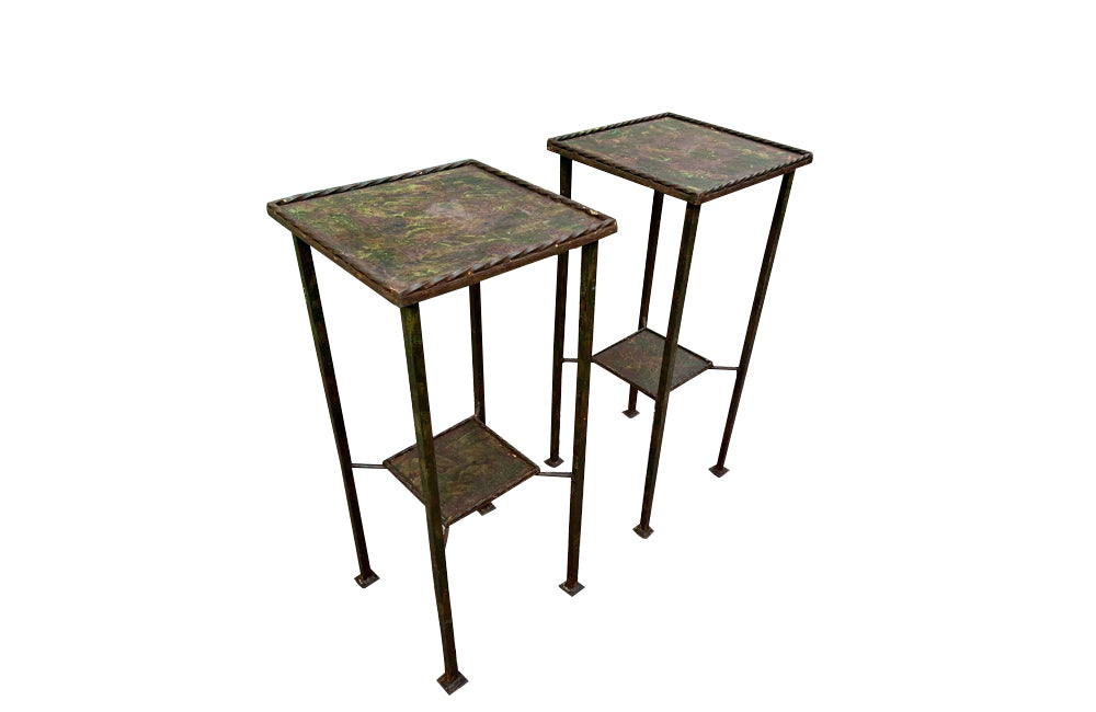 Pair of tall mid-20th Century Spanish two-tiered iron pedestal tables