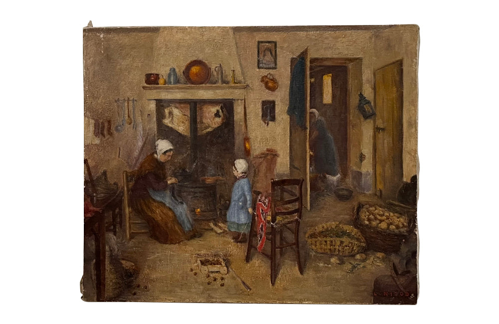 Charming, early 20th century oil on canvas painting of an interior scene in a French farmhouse kitchen.