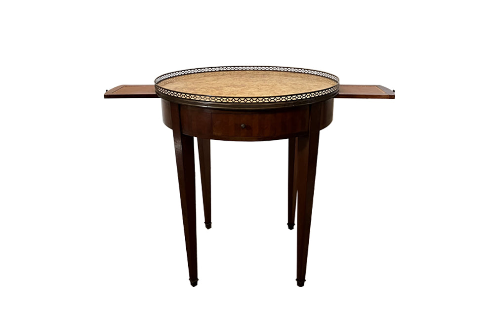 French parquetry bouillotte table, in Kingwood with brass gallery with pretty Sienna marble top and pierced brass gallery