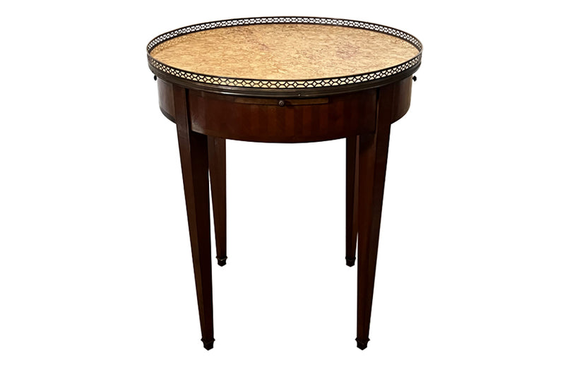 French parquetry bouillotte table, in Kingwood with brass gallery with pretty Sienna marble top and pierced brass gallery