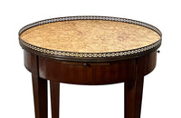 French parquetry bouillotte table, in Kingwood with brass gallery with pretty Sienna marble top and pierced brass gallery