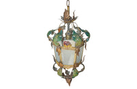 Pretty, early 20th century Italian polychrome hanging lantern with tole floral and foliate ornamentation and opaque glass panels