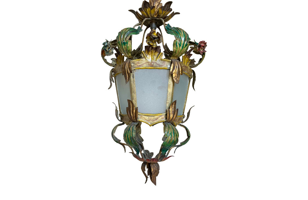 Pretty, early 20th century Italian polychrome hanging lantern with tole floral and foliate ornamentation and opaque glass panels