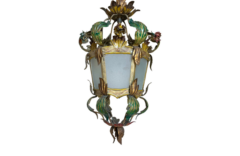 Pretty, early 20th century Italian polychrome hanging lantern with tole floral and foliate ornamentation and opaque glass panels