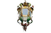 Pretty, early 20th century Italian polychrome hanging lantern with tole floral and foliate ornamentation and opaque glass panels
